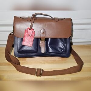 Ted Baker Brown and Navy Leather Messenger with Red Tag - London